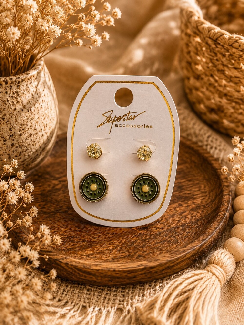 Green Button Kiwi & Crystal Stud Earring Set